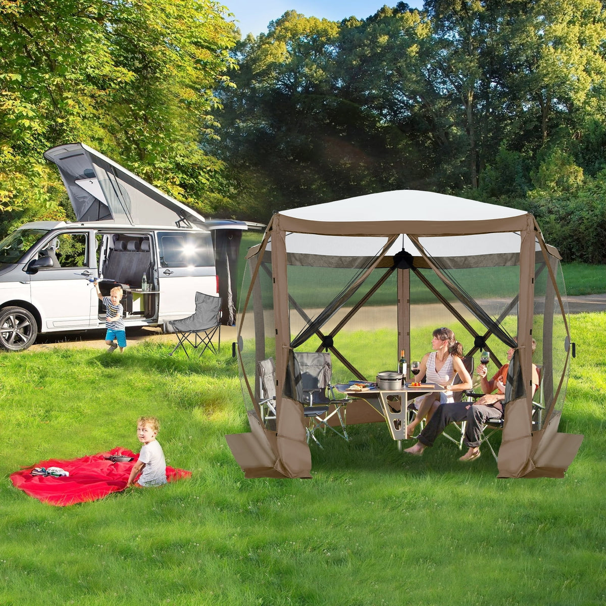 COBIZI 8x8 Pop up Gazebo Tent, Ez up Waterproof Screen Tent Screen House, Portable Outdoor Canopy Sun Shelter with 3 Sidewalls, Carry Bag & Ground Stakes for Camping, Garden and Picnics, Gray
