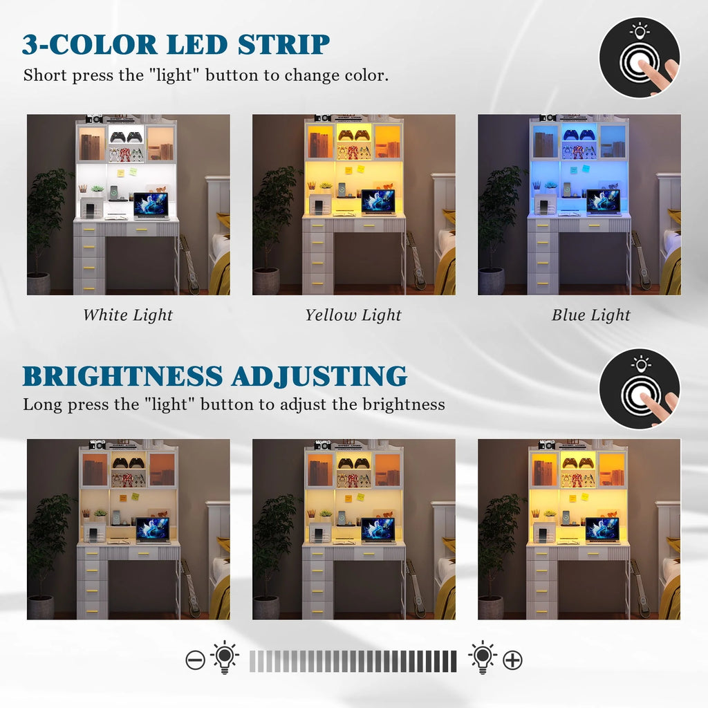 HNEBC LED Study Desk with Hutch and Drawer, Home Office Desk with Outlet, Computer Desk with Charging Station, Writing Desk for Bedroom, Workstation for Small Space