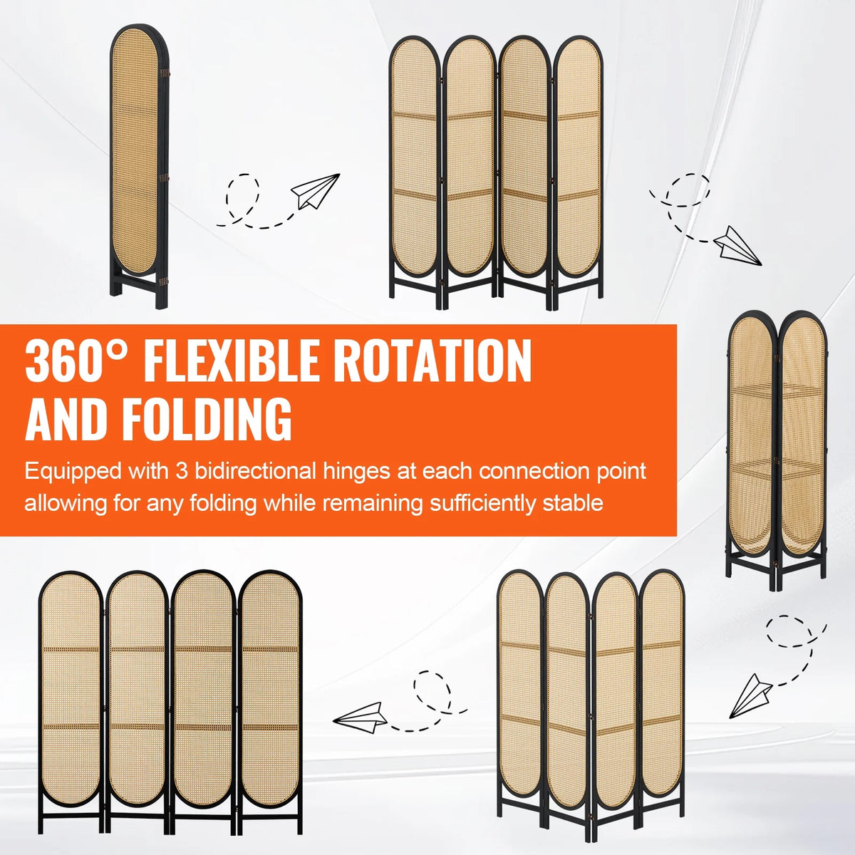 KFFKFF Quadruple Panel Space Separator, Artisan-Crafted Rattan Foldable Privacy Barriers with Connectors, Movable Space Partitions, Timber Independent Room Splitter for Sleeping Quarters, Cocoa