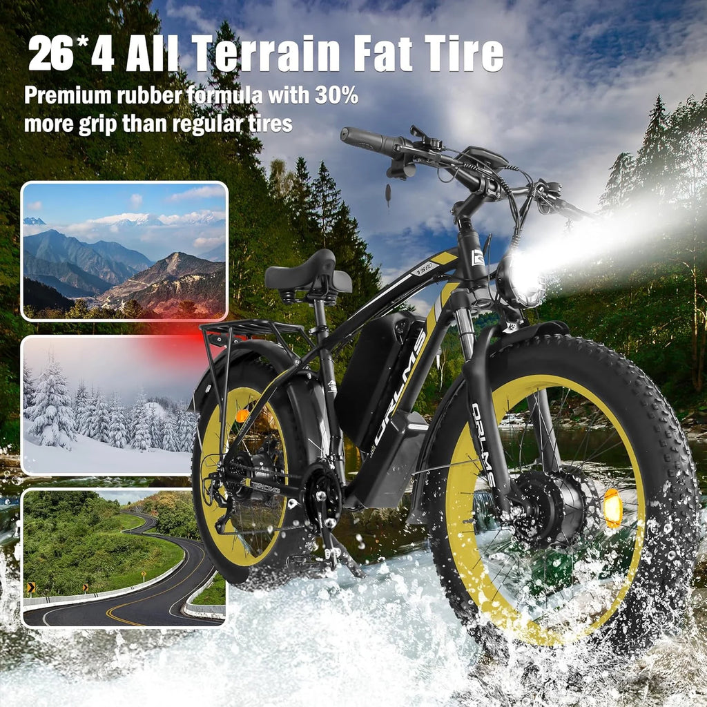 5000W (Peak) Electric-Bike for Adults, 60V 25AH Battery Electric Motorcycle, Dual-Motor-Ebike 50MPH Ebike, 26*4.0 Fat Tire Electric-Bicycle, AWD 21-Speed Mountain Bike for All-Road UL 2849