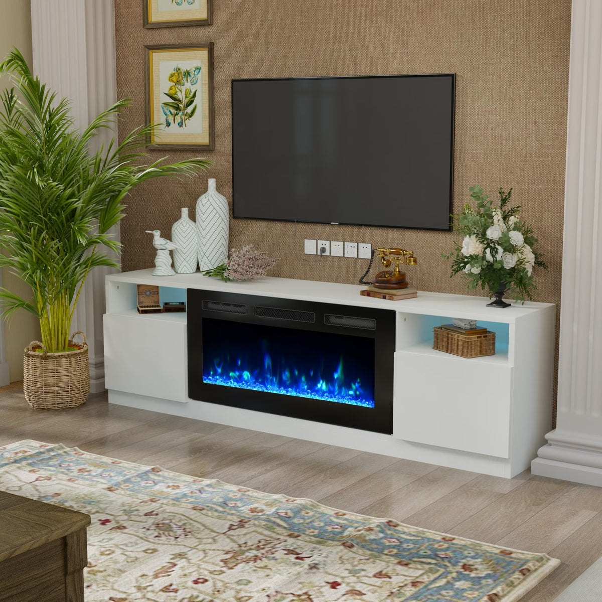 Erommy  70" Fireplace TV Stand with 36" Electric Fireplace White 80''