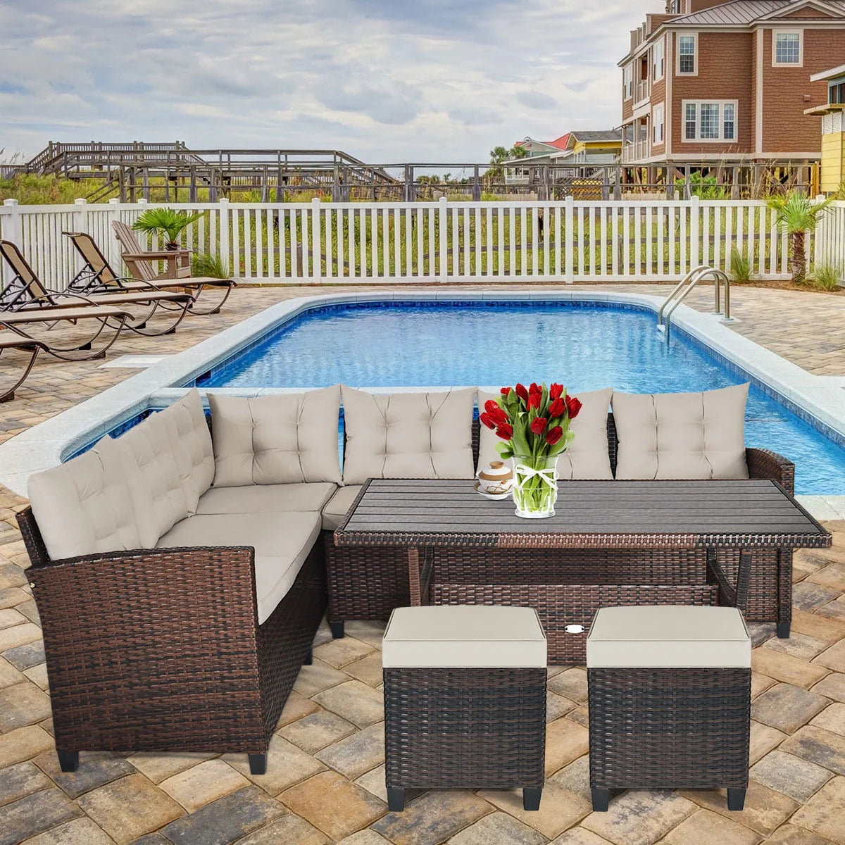 Gymax Set of 2 Patio Rattan Ottoman Footrest Garden Outdoor w/ Brown Cushion