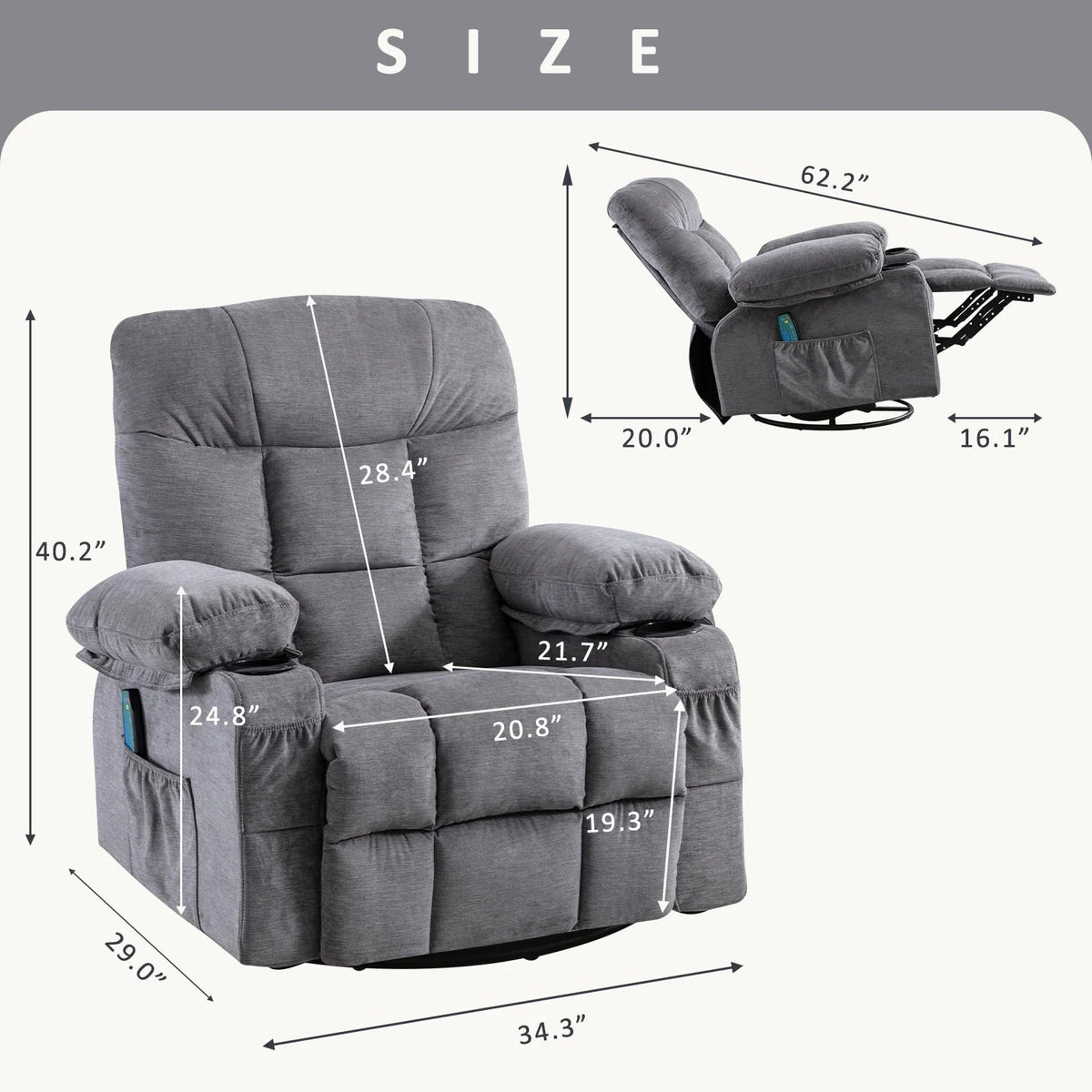 JONPONY Massage Rocker Recliner Chair, Stainless steel, Grey