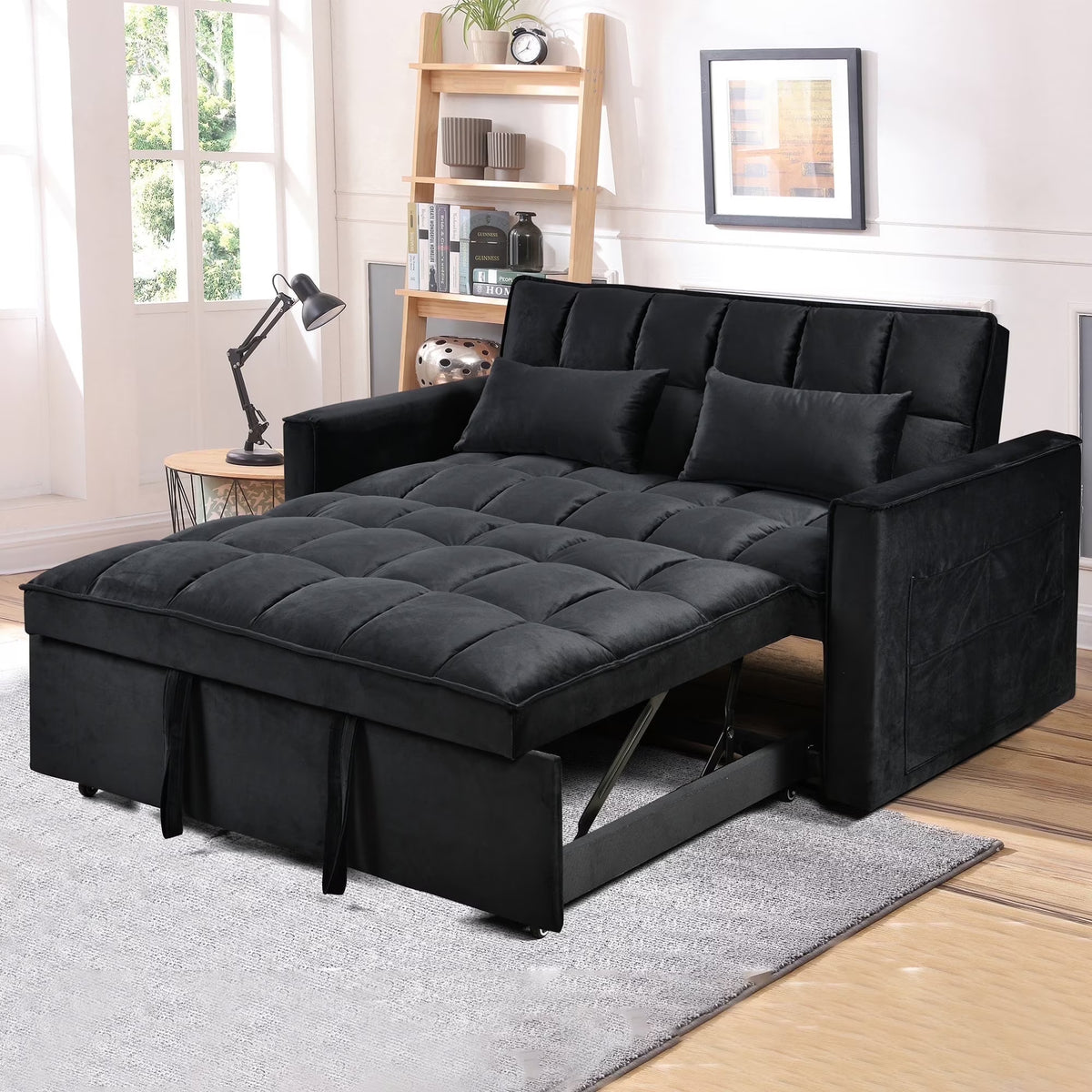 BINBANK Black Velvet 3-in-1 Convertible Sleeper Sofa Bed a?? USB Charging, Adjustable Backrest Pull-Out Futon Loveseat Couch for Living Room, Apartment & Small Space
