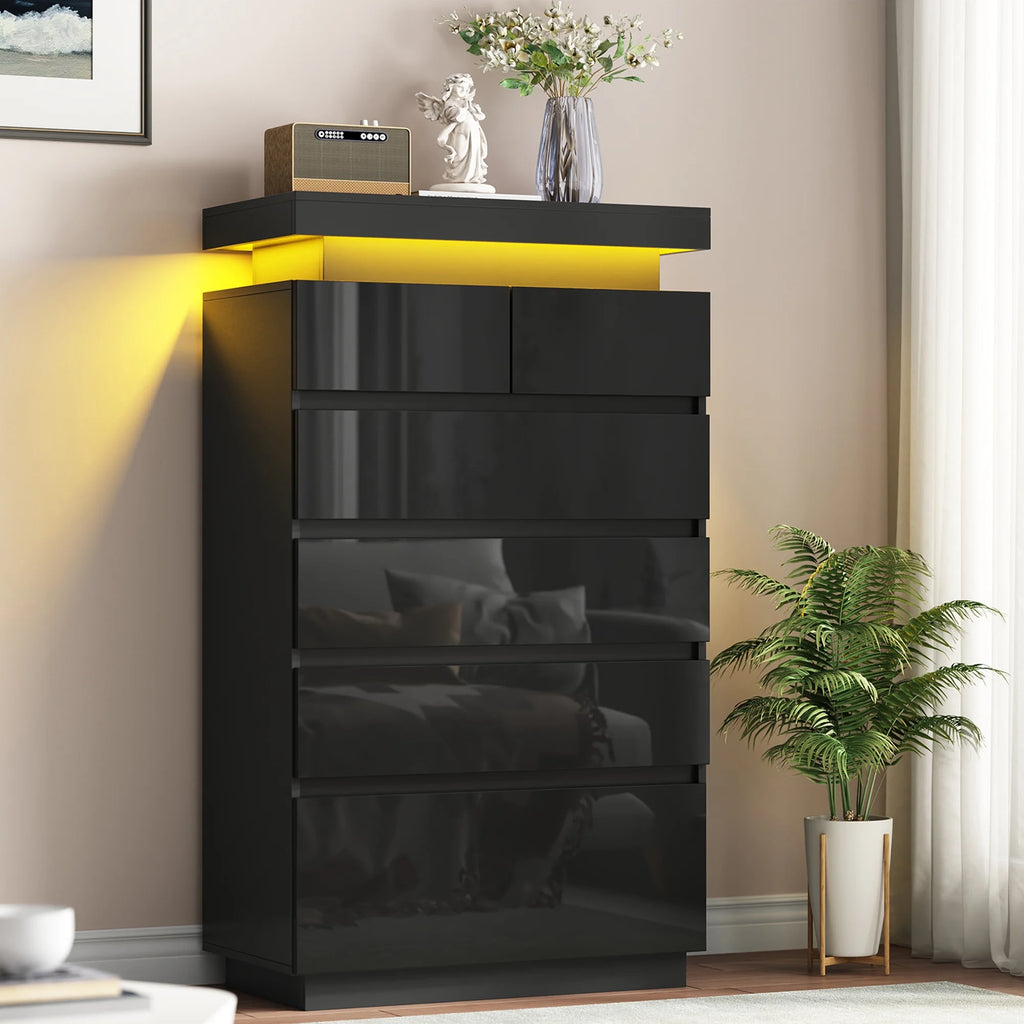 NEGYLIM 6 Drawer White Dresser, High Gloss Dresser with LED Light for Bedroom, Living Room, Hallway, Easy Assembly