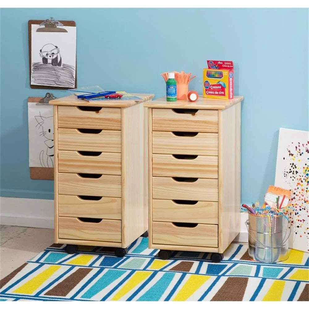 Riverbay Furniture Six Drawer Wood Rolling Storage Cart in Brown