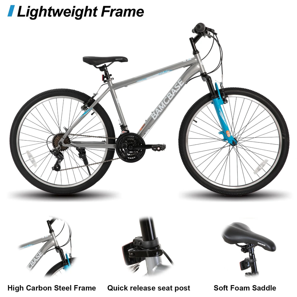 Hiland 26 27.5 29 Inch Mountain Bike, Mens Womens MTB with 21 Speeds, High-Tensile Steel Frame, V Brake, Hardtail Bicycle for Adults