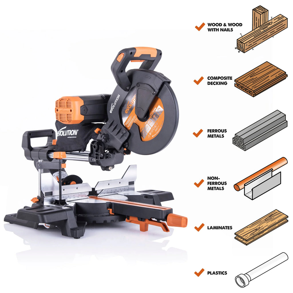Evolution R255SMS-DB+: Dual Bevel Sliding Miter Saw With 10 in. Multi-Material Cutting Blade