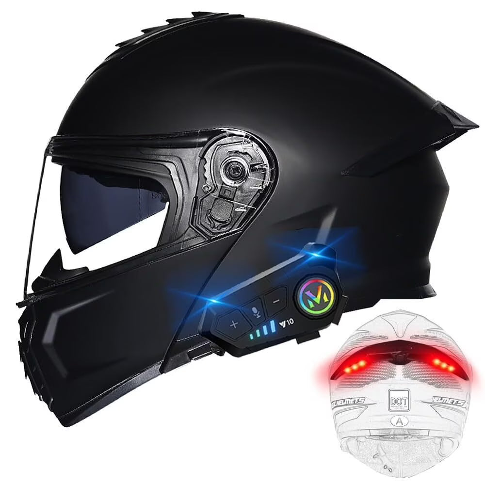 Bluetooth Modular Motorcycle Helmets with Tail Lights, DOT Approved Flip Up Full Face Dual Visor Motorcycle Helmet, with Dual Speakers and Microphone HA