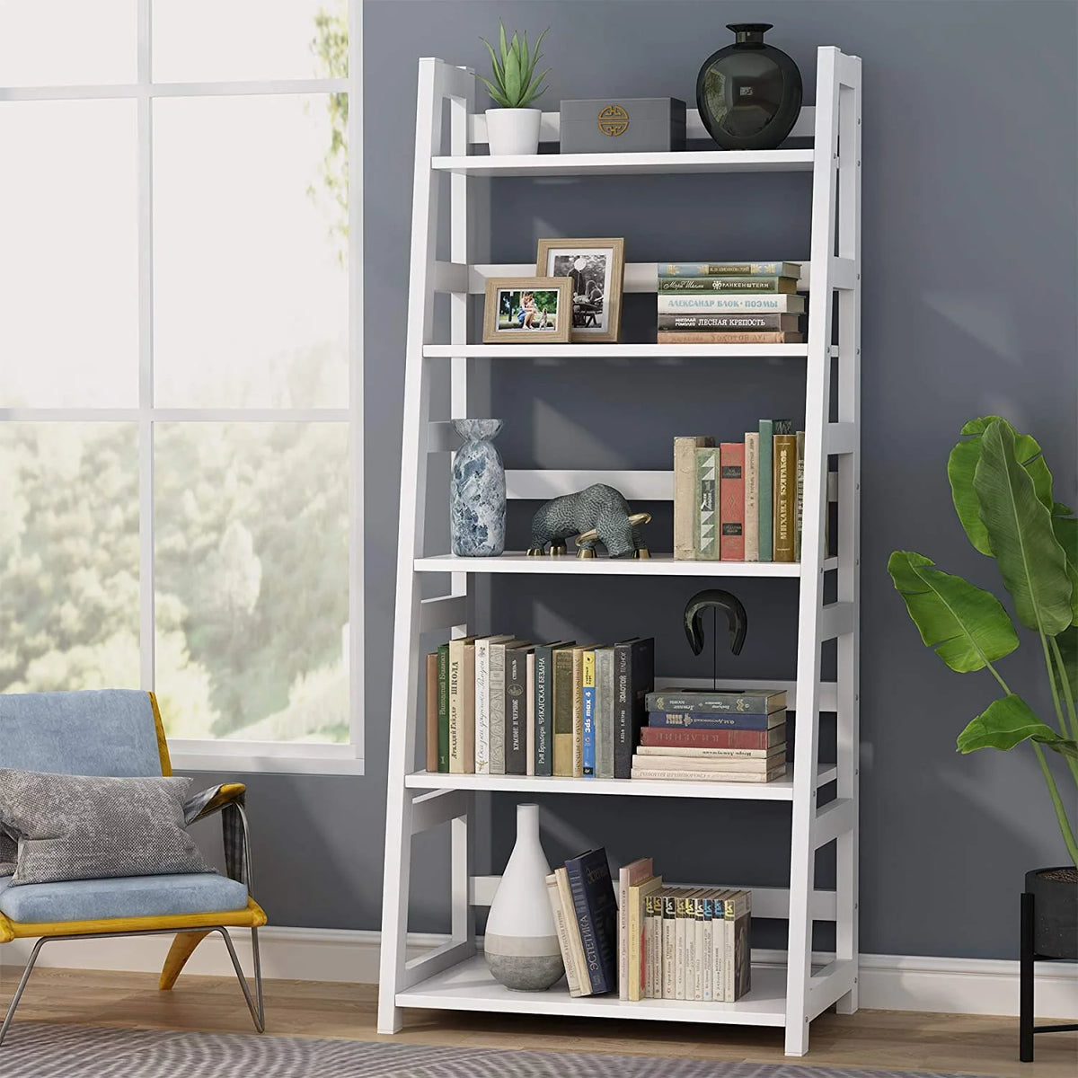 Tribesigns 5 Shelf Ladder Bookshelf Bookcase with Storage, Modern Etagere Bookcase for Living Room , Wood & Metal
