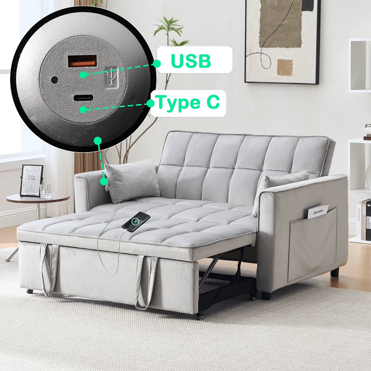 BINBANK Black Velvet 3-in-1 Convertible Sleeper Sofa Bed a?? USB Charging, Adjustable Backrest Pull-Out Futon Loveseat Couch for Living Room, Apartment & Small Space