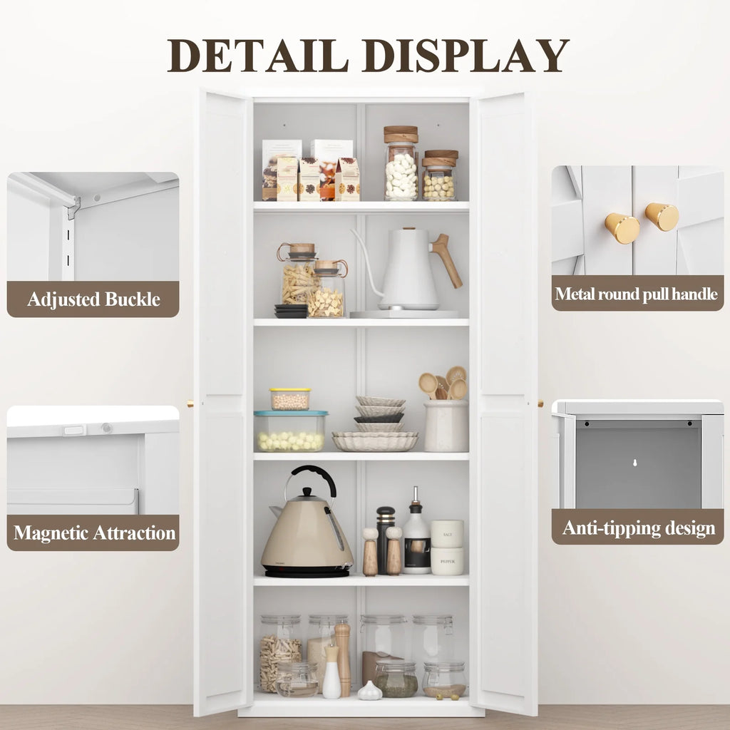 Aukfa 71" Freestanding Kitchen Pantry Storage Cabinet with 4 Adjustable Shelves, Metal Food Pantry Cupboard for Kitchen/Garage/Office, White