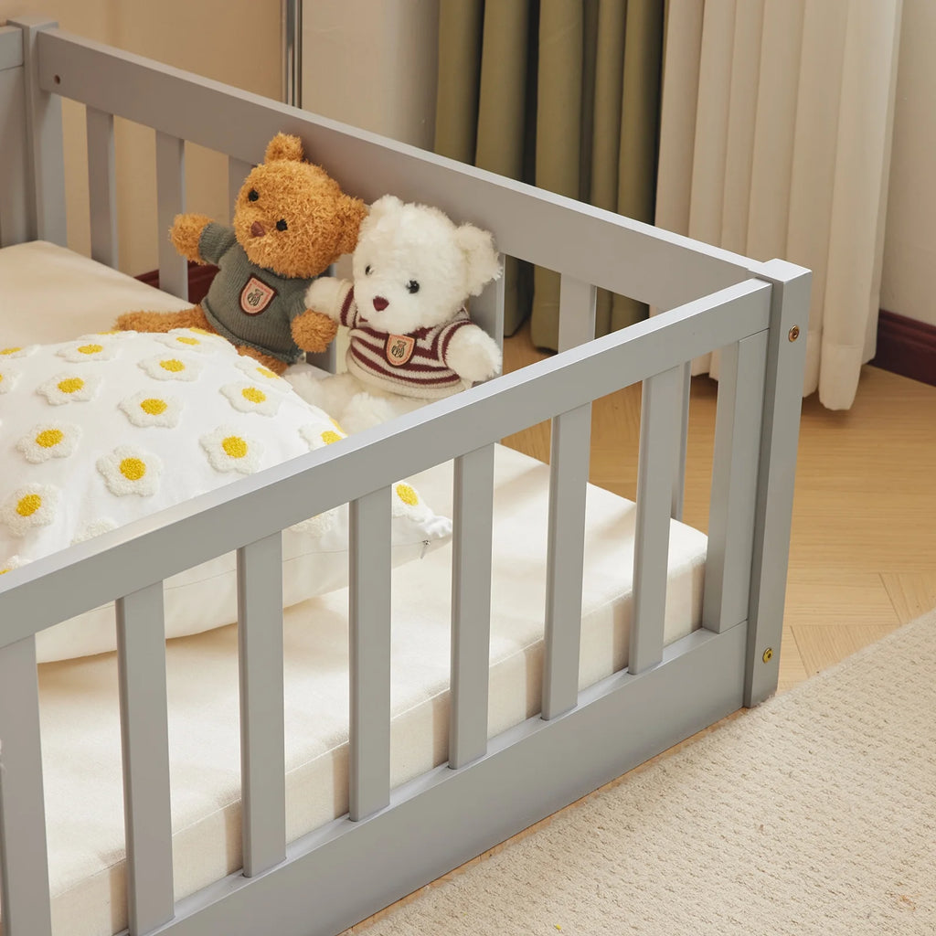 Ktaxon Montessori Twin Floor Bed with Safety Guardrails, Toddler Bed Frame for Kids, Wood Frame - Nature