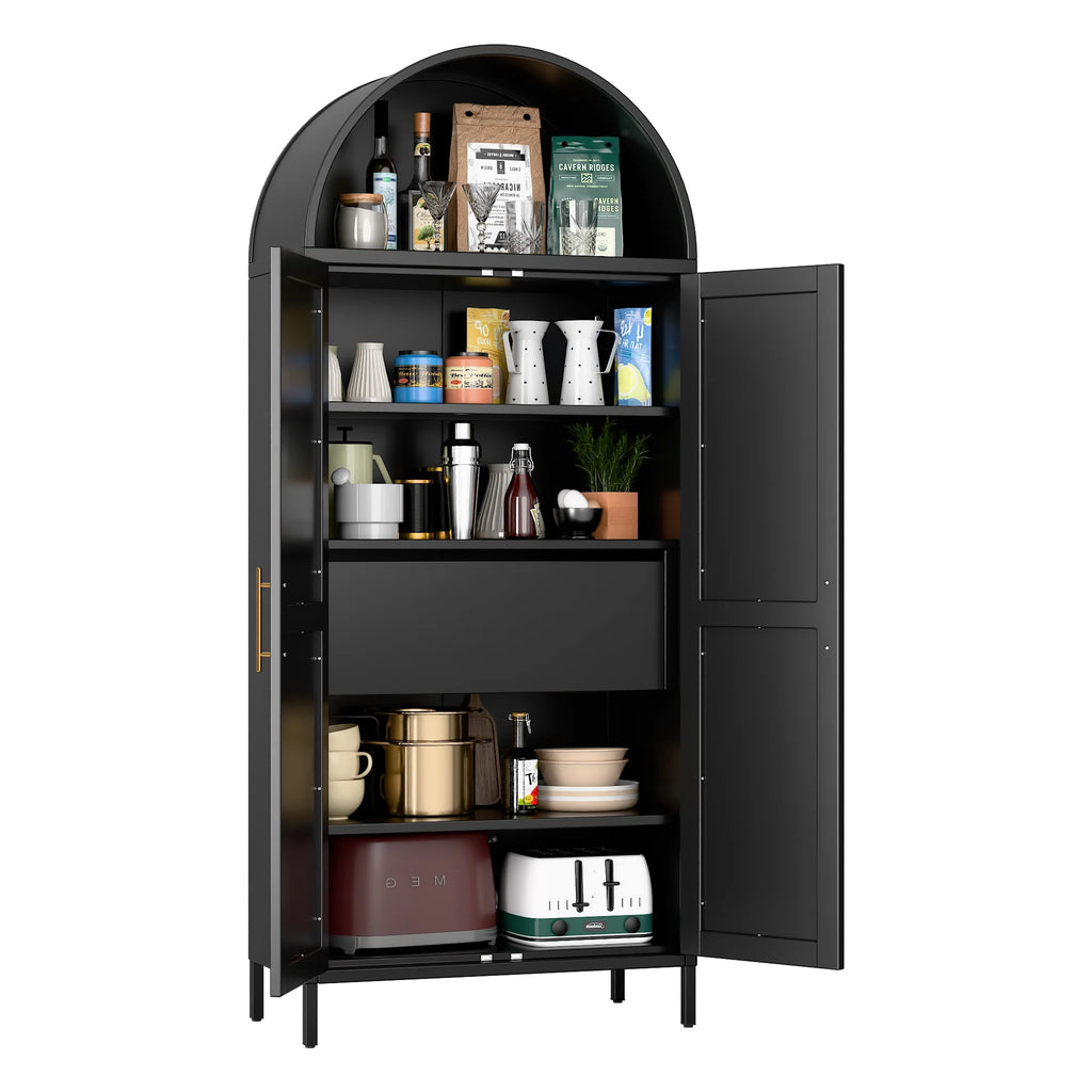 SUPEER Metal Arched Storage Display Cabinet with Glass Doors and Adjustable Shelves, Lockable Cabinet, Assembly Required, Black