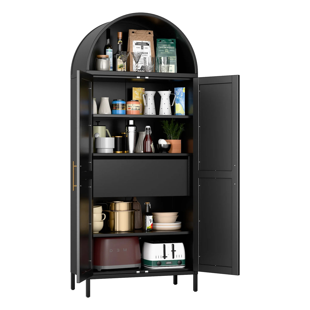 SUPEER Metal Arched Storage Display Cabinet with Glass Doors and Adjustable Shelves, Lockable Cabinet, Assembly Required, Black
