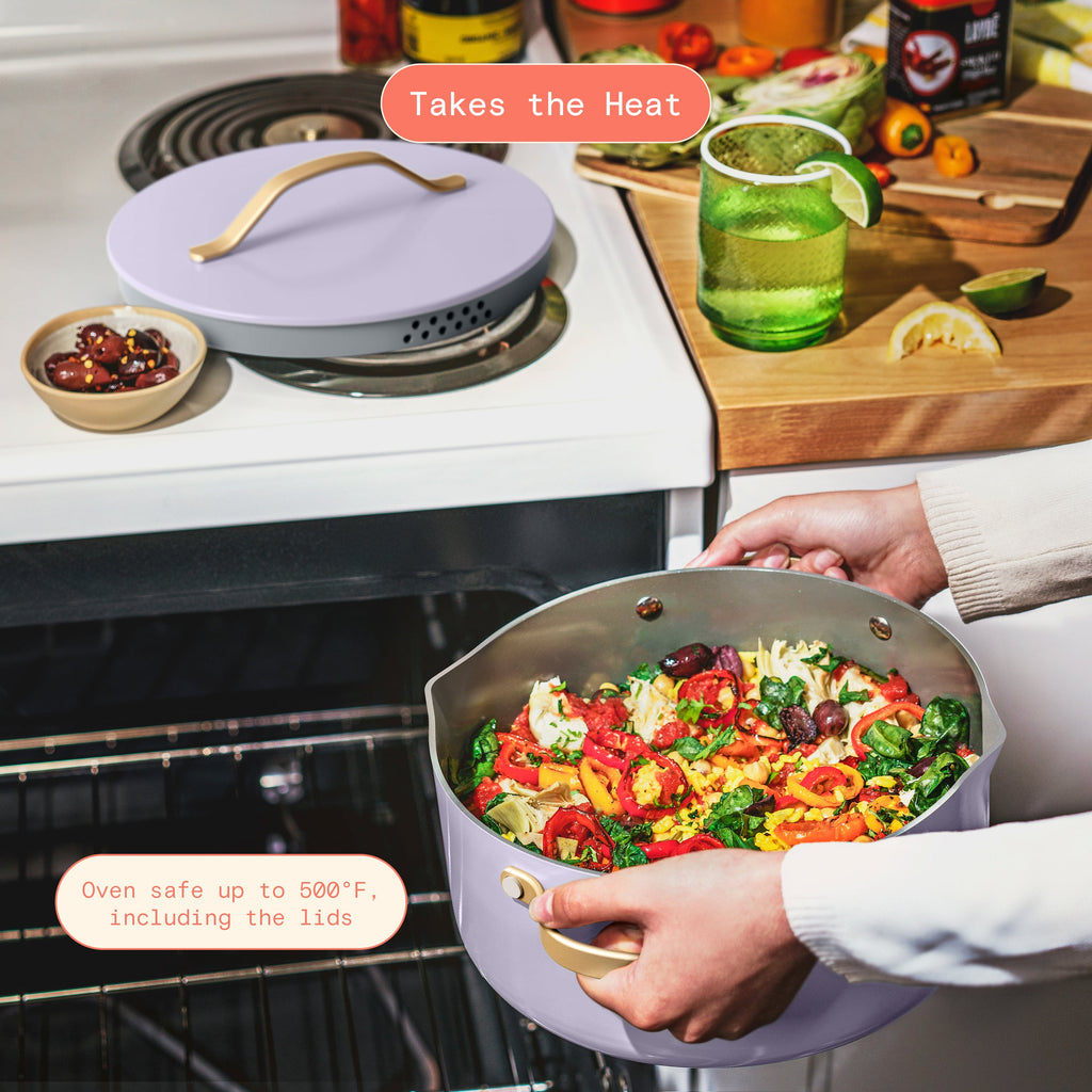 Beautiful 12pc Ceramic Non-Stick Cookware Set with Strainer Lids, White Icing by Drew Barrymore