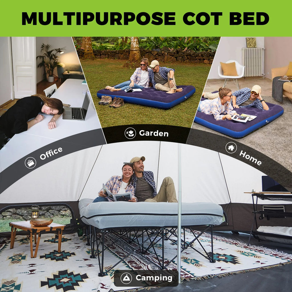 FUNDANGO 2 Person Folding Camping Cots with Air Mattress and Pump Comb, Double Portable  Inflatable  Camp Bed with Side Table, Support 529lbs Camping Bed Queen Size for Adults