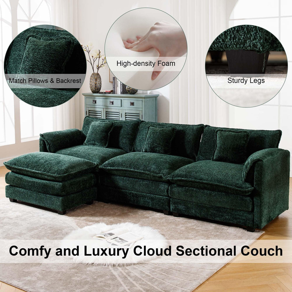 GNIXUU 112" Oversized Sectional Sofa Cloud Couch for Living Room, Modern Chenille L Shaped Couch, Comfy Boucle Modular Sofa Sleeper with Moveable Ottoman & Memory Foam (Green)