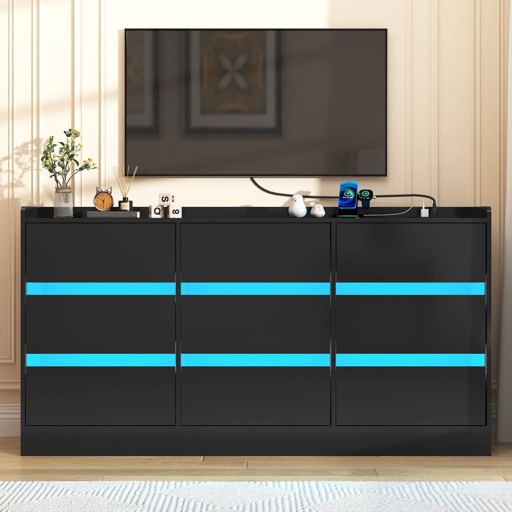9 Drawer Dresser for Bedroom with Power Outlet, 63" Large Dresser with LED Light, Wooden Dresser For Closet, Chest of Drawers with Raised Edges