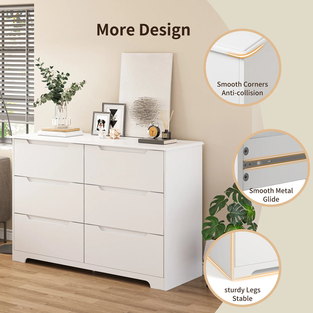 Dresser for Bedroom, Lofka 6 Drawer Double Dresser with Cutout Handles, Large Storage Capacity, Anti-Tip Safety, Modern Wood Chest of Drawers, Smooth Metal Rail, White