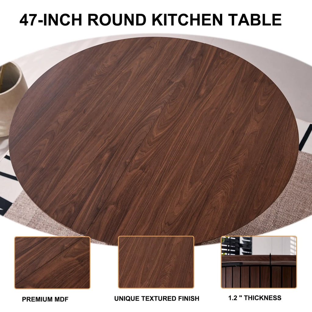 5 Piece Round Dining Table Set - Mid-Century 47 inch Oak Dining Table with 4 Brown Faux Leather Chairs Set, Dinner Table & Chair with Metal Legs for Kitchen Dining Room, Apartment, Bedroom