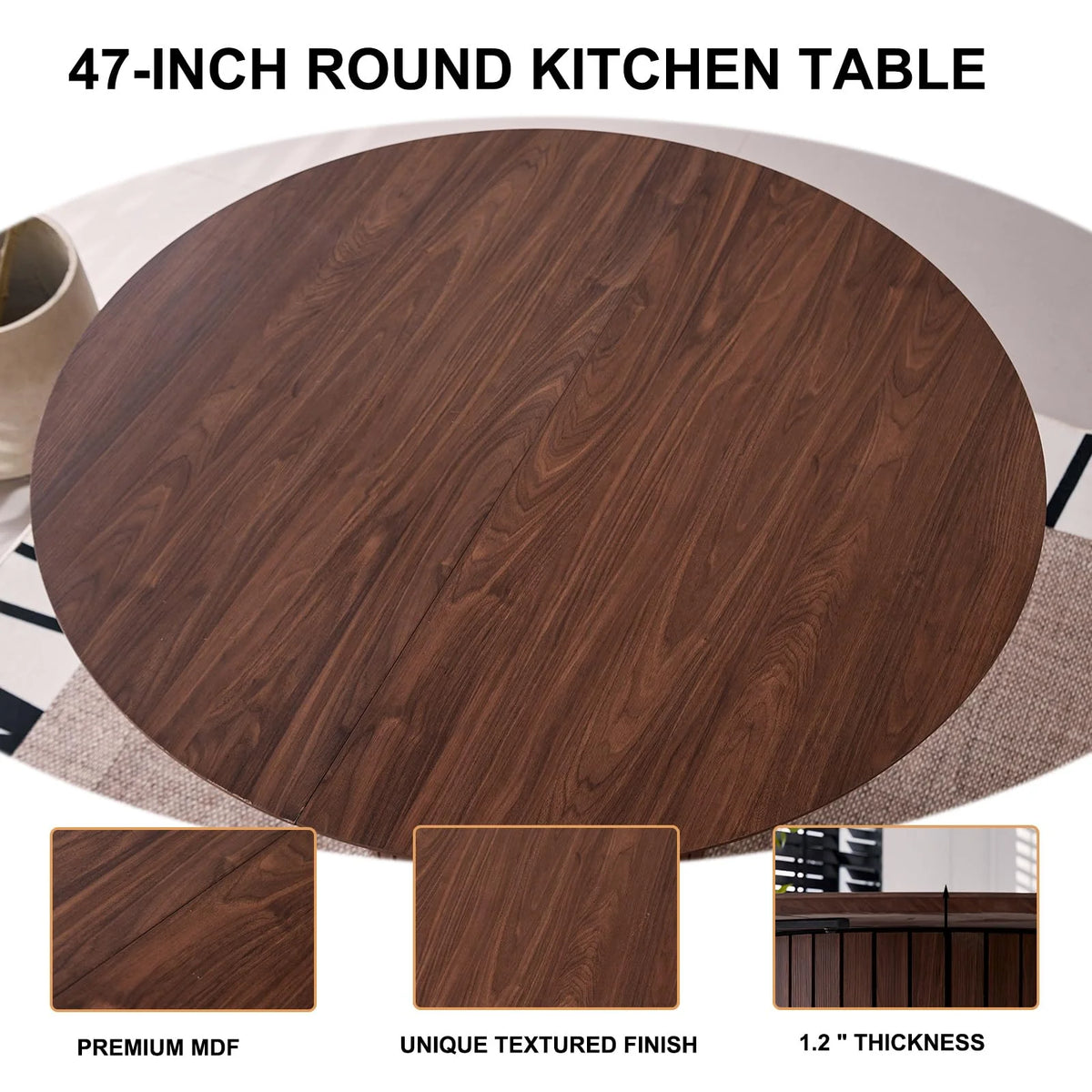 5 Piece Round Dining Table Set - Mid-Century 47 inch Oak Dining Table with 4 Brown Faux Leather Chairs Set, Dinner Table & Chair with Metal Legs for Kitchen Dining Room, Apartment, Bedroom