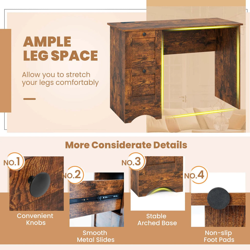 Costway 43" Home Office Desk with Charging Station Compact Study Writing Desk Walnut