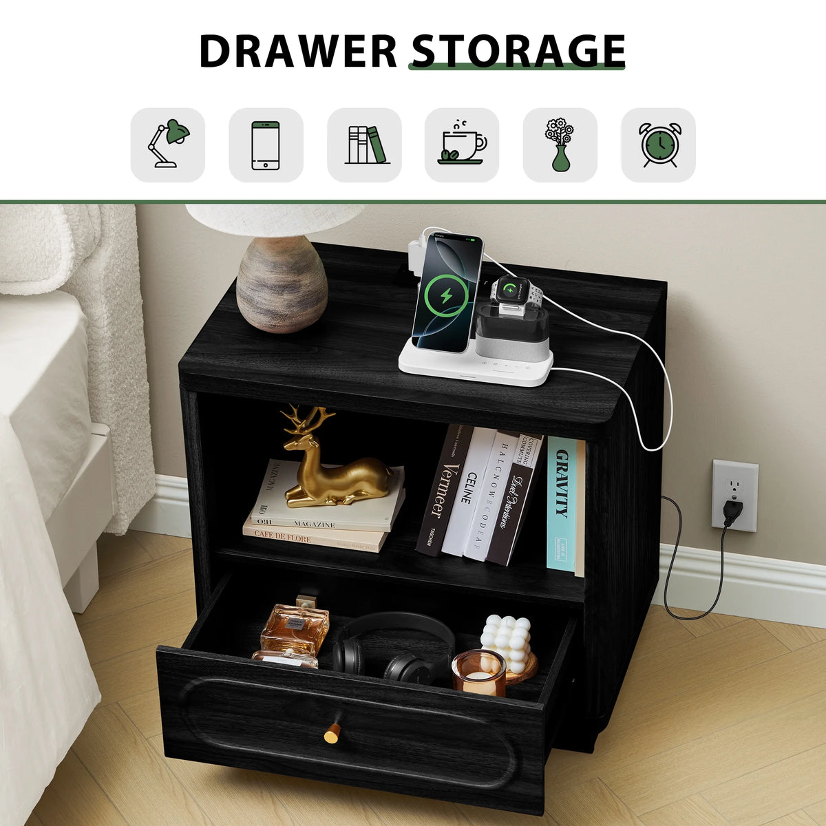 YOCWO 3 Drawer Nightstand, Classic Chest of Drawers with Arc Edge, Walnut