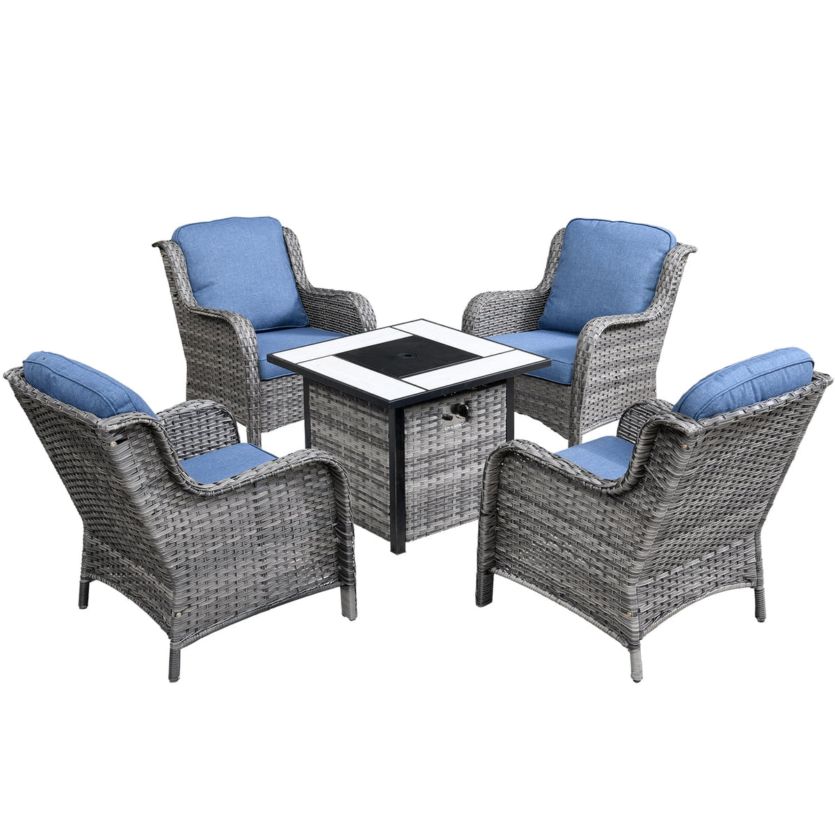 Ovios 6 Pieces Outdoor Furniture with CSA Fire Pit All Weather Wicker Patio Conversation Set with Single Chair for Porch