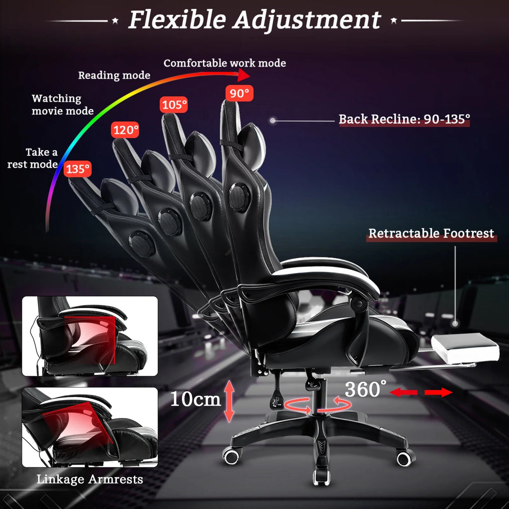 Hoffree Gaming Chair with Speakers PU Leather Office Chair with Footrest and LED Lights Ergonomic Gamer Chair with Massage Lumbar Support and Headrest Adjustable Swivel for Home Office 300lb