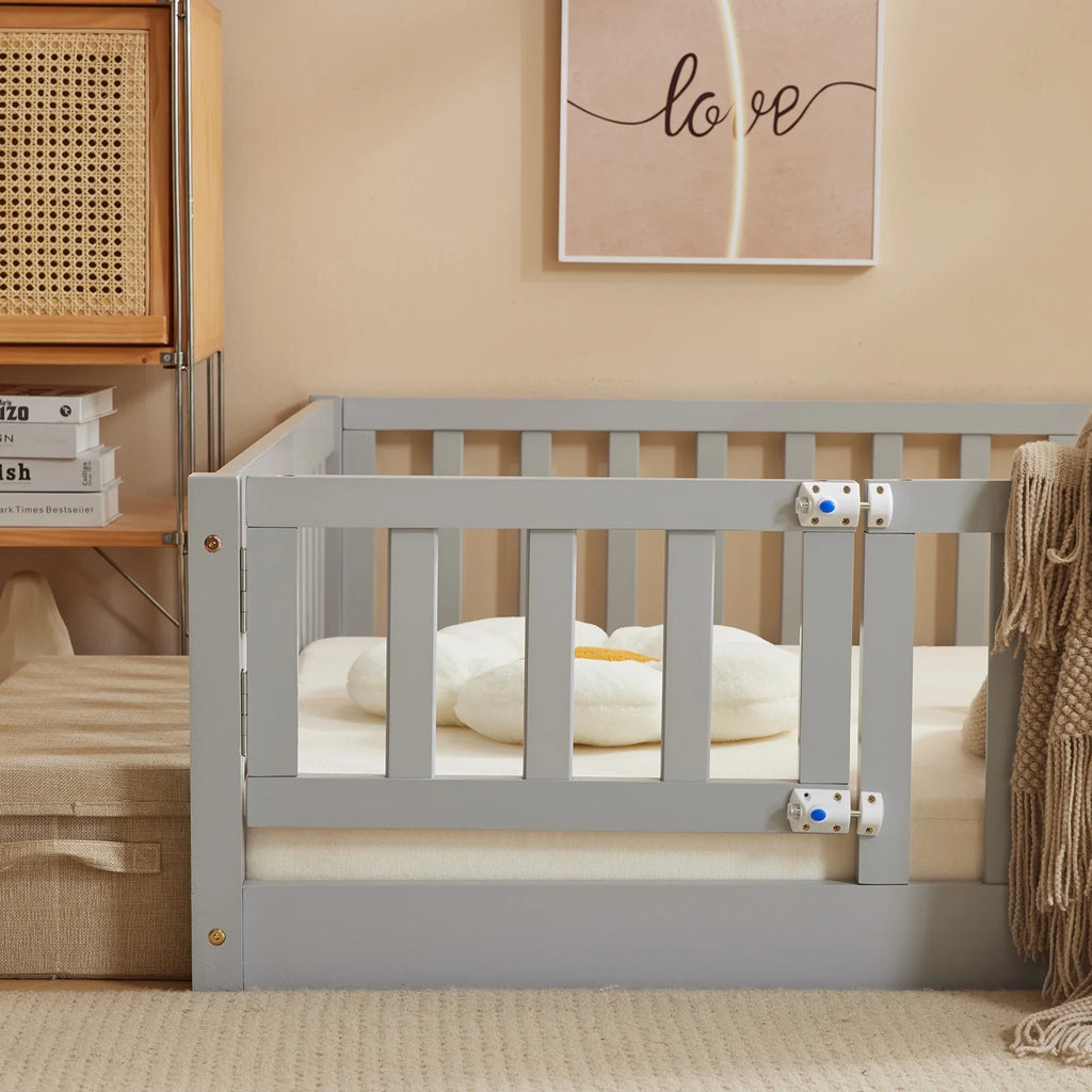 Ktaxon Montessori Twin Floor Bed with Safety Guardrails, Toddler Bed Frame for Kids, Wood Frame - Nature