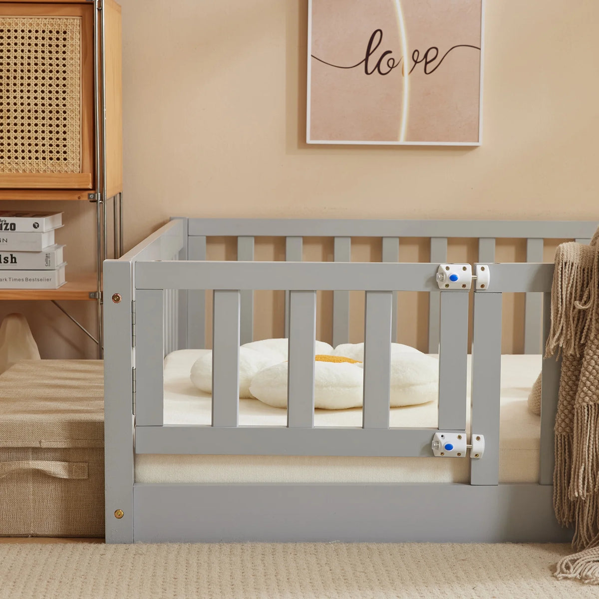 Ktaxon Montessori Twin Floor Bed with Safety Guardrails, Toddler Bed Frame for Kids, Wood Frame - Nature