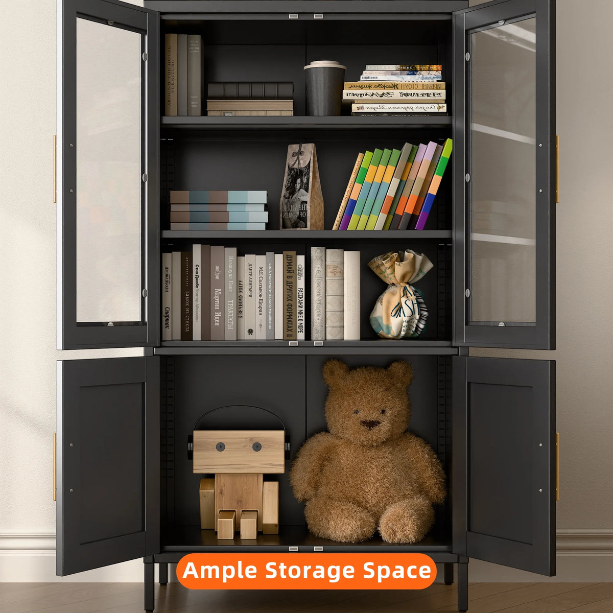 SUPEER Metal Arched Storage Display Cabinet with Glass Doors and Adjustable Shelves, Lockable Cabinet, Assembly Required, Black