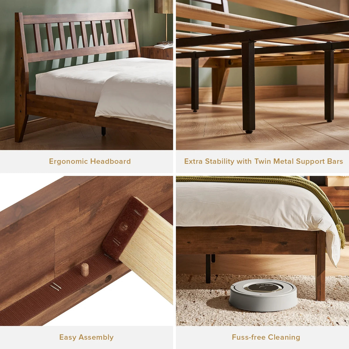 Mopio Ted Queen Bed Frame with Headboard, Full Size Bed Frame, Mid Century Modern Acacia Solid Wood Platform Bed Frame, Wooden Bed Slats, No Box Spring Needed, Double Metal Bar Support, Walnut