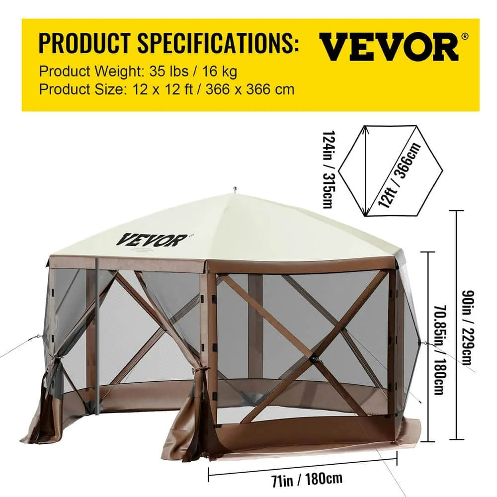 Topcobe 12*12ft Camping Screen Tent, 6 Sided Pop-up Canopy Shelter Tent with Mesh Windows, Large Shade Tents for Outdoor Camping, Lawn and Backyard, Portable Carry Bag