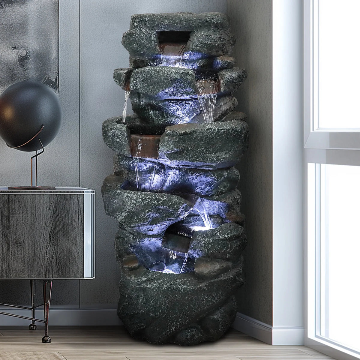 SunJet 40.5" Rock Water Fountain w/LED Lights - Outdoor 6-Tier Waterfall Fountain  for Garden Decor