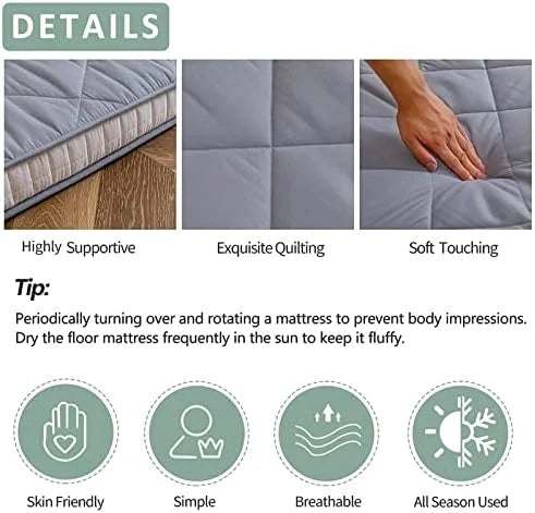 Japanese Floor Futon Mattress King Size, Floor Bed for Adults, Roll Up Folding Mattress, Diamond Patterned Japanese Futon Bed, Dark Grey