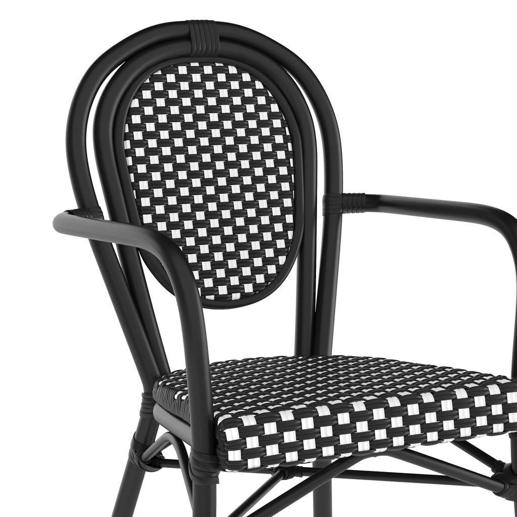 Merrick Lane Stacking Thonet French Bistro Style Chair with Arms, Black & White PE Rattan Seat, and Bamboo Finished Metal Frame for Indoor/Outdoor Use