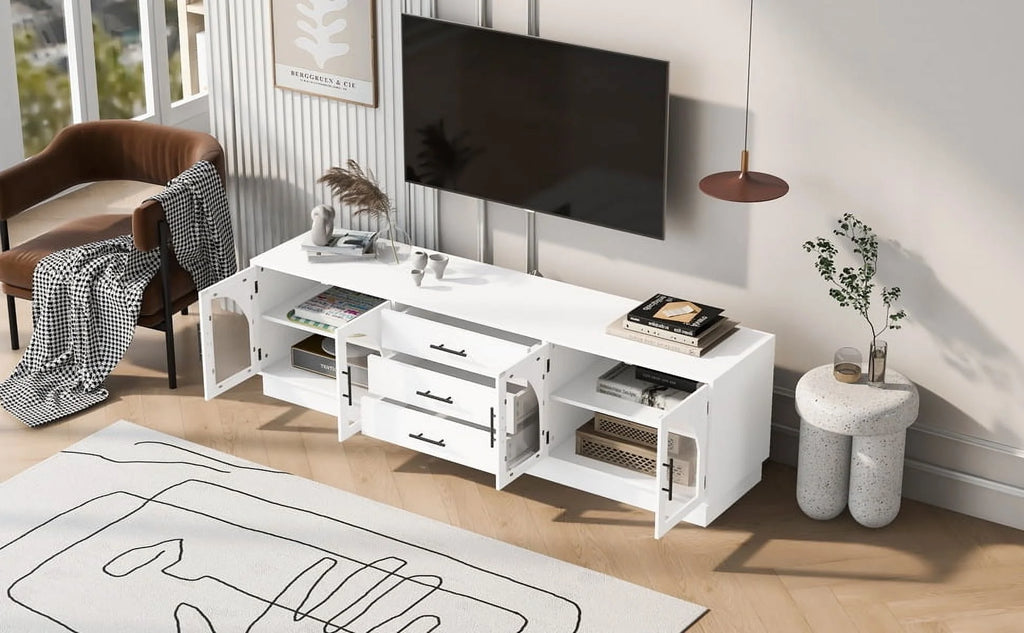 Euroco Modern TV Stand with Arched Glass Doors, Drawers & Adjustable Shelves for TVs up to 75 Inches