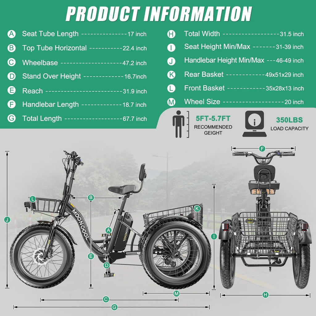 20" x 4" Fat Tire Electric Tricycle for Adult, 7 Speeds Electric Trike 48V 500W Motorized Tricycle , Electric Three Wheels Bicycle for Senior, Aluminum Frame & Rear Basket ,16mph