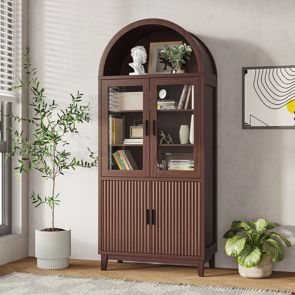 VEANERWOOD 71" Tall Arch Cabinet, Wood Fluted Kitchen Kitchen Storage Cabinet with 4 Doors and 6 Shelves for Dining Room Living Room