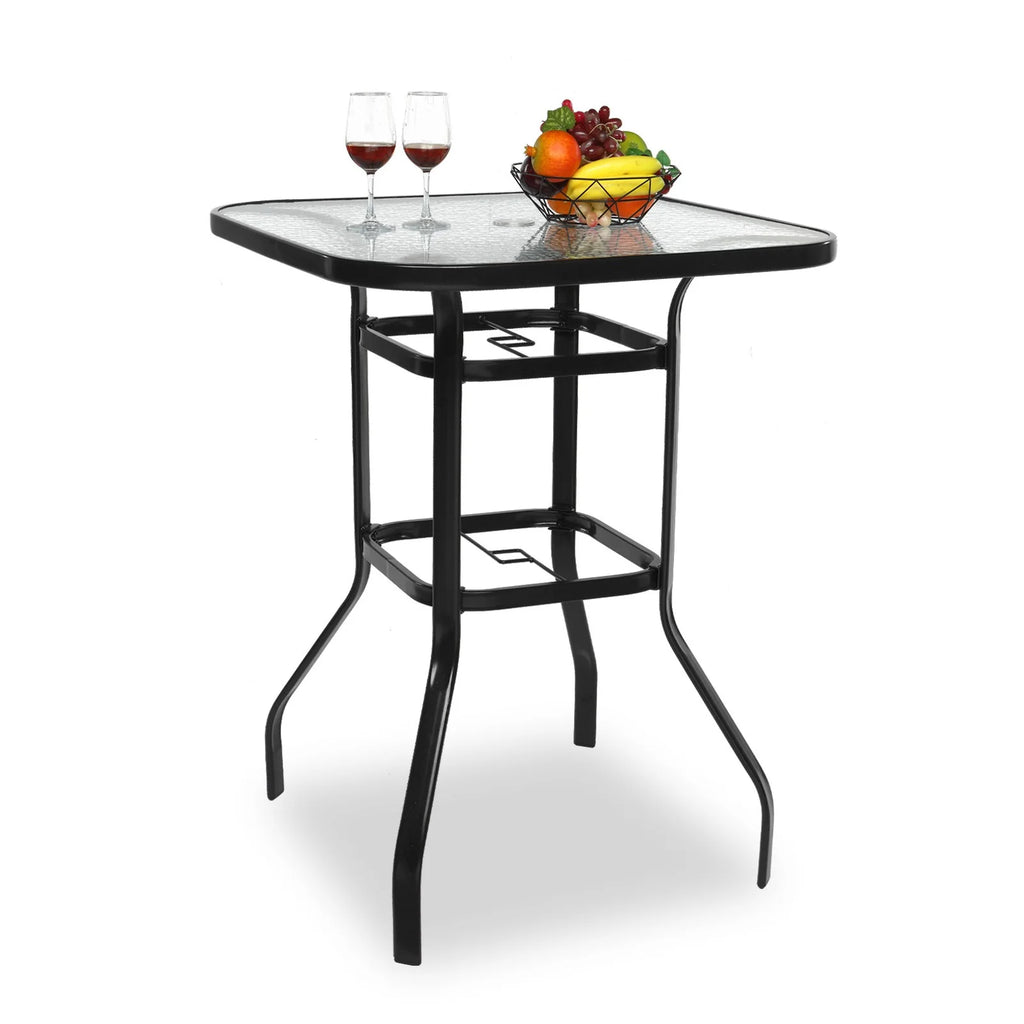 IVV Outdoor Patio Bar Height Bistro Table w/ Tempered Glass Top & 1.8" Umbrella Hole & Metal Frame, 31.5"L x 31.5"W x 39.8"H, Black & Clear