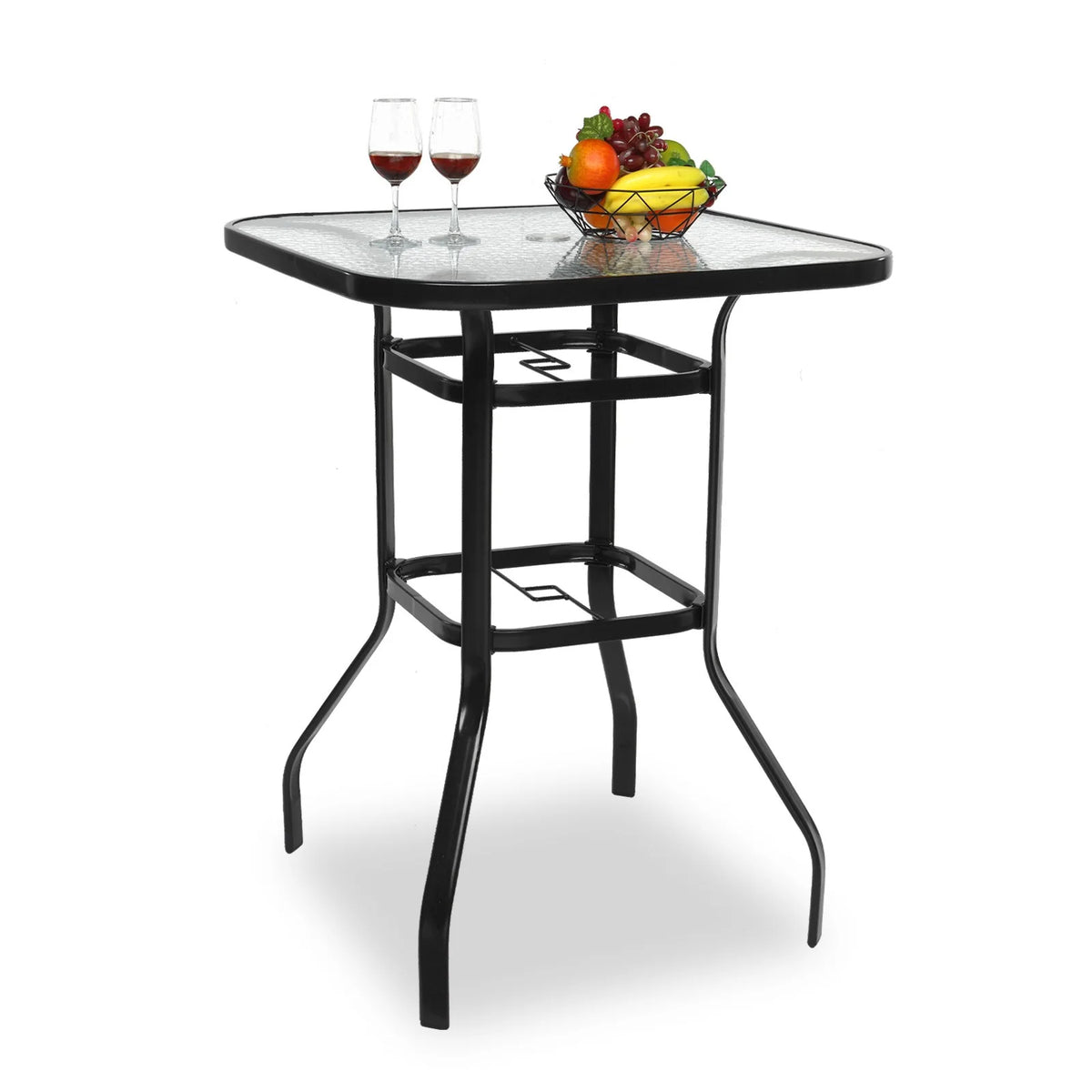 IVV Outdoor Patio Bar Height Bistro Table w/ Tempered Glass Top & 1.8" Umbrella Hole & Metal Frame, 31.5"L x 31.5"W x 39.8"H, Black & Clear