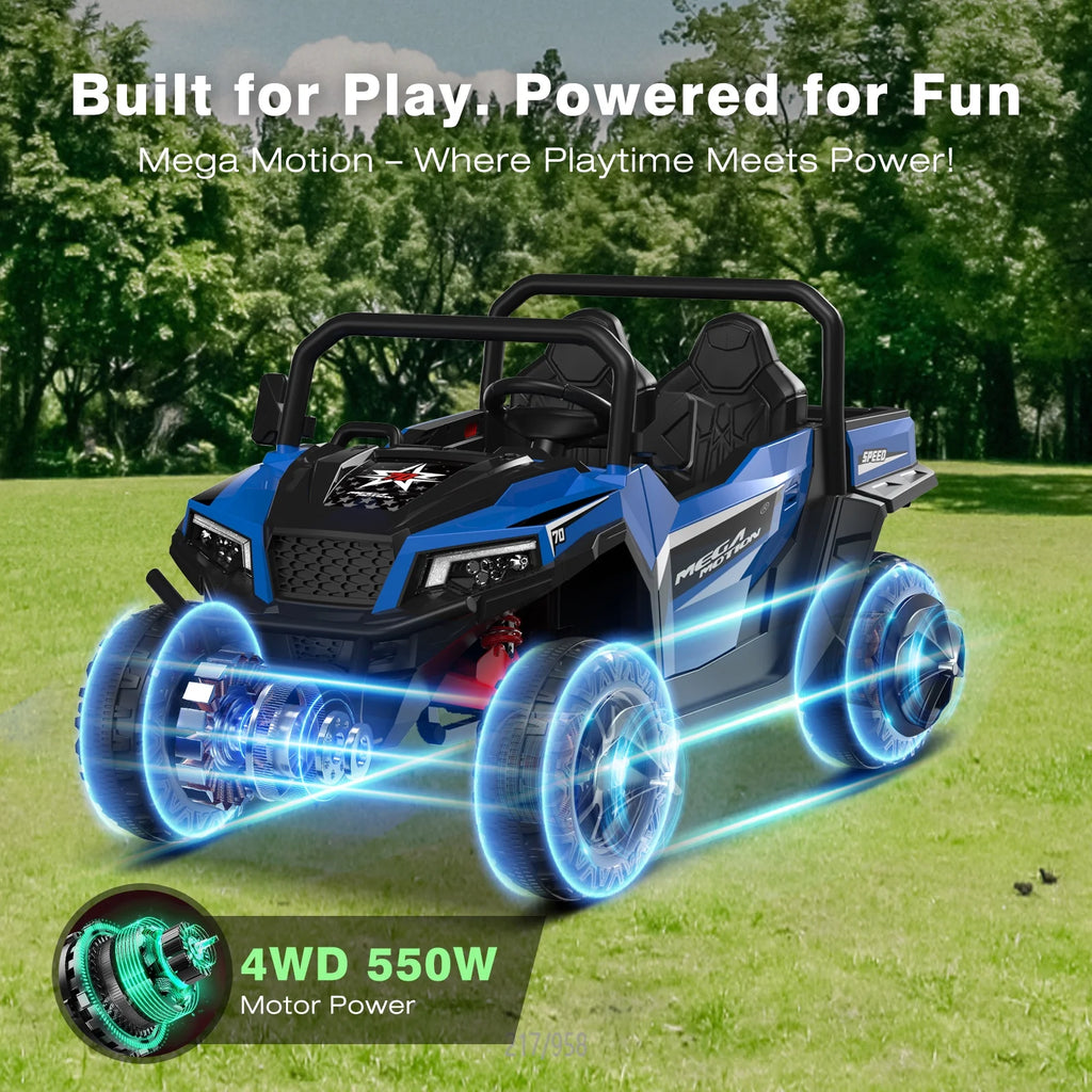 Mega Motion 24V Kids Electric Ride-On UTV Truck with 4WD, Dump Bed, 2 Seats, LED Lights, Music, Remote Control, Shovel, for Boys & Girls