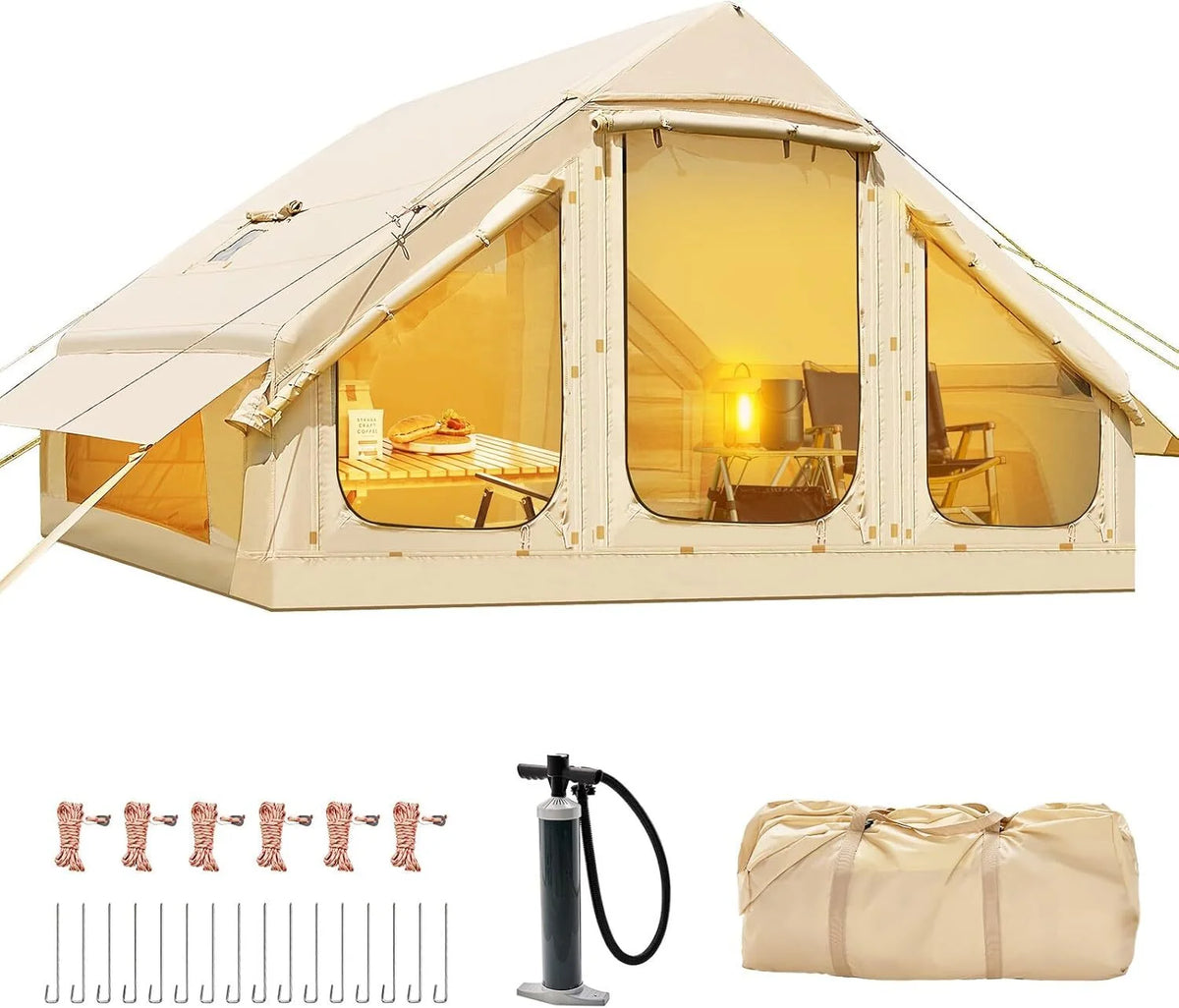 NAIZEA Inflatable Tent Air Glamping Tents 6Person Cabin Tent&Mesh&Chimney Window