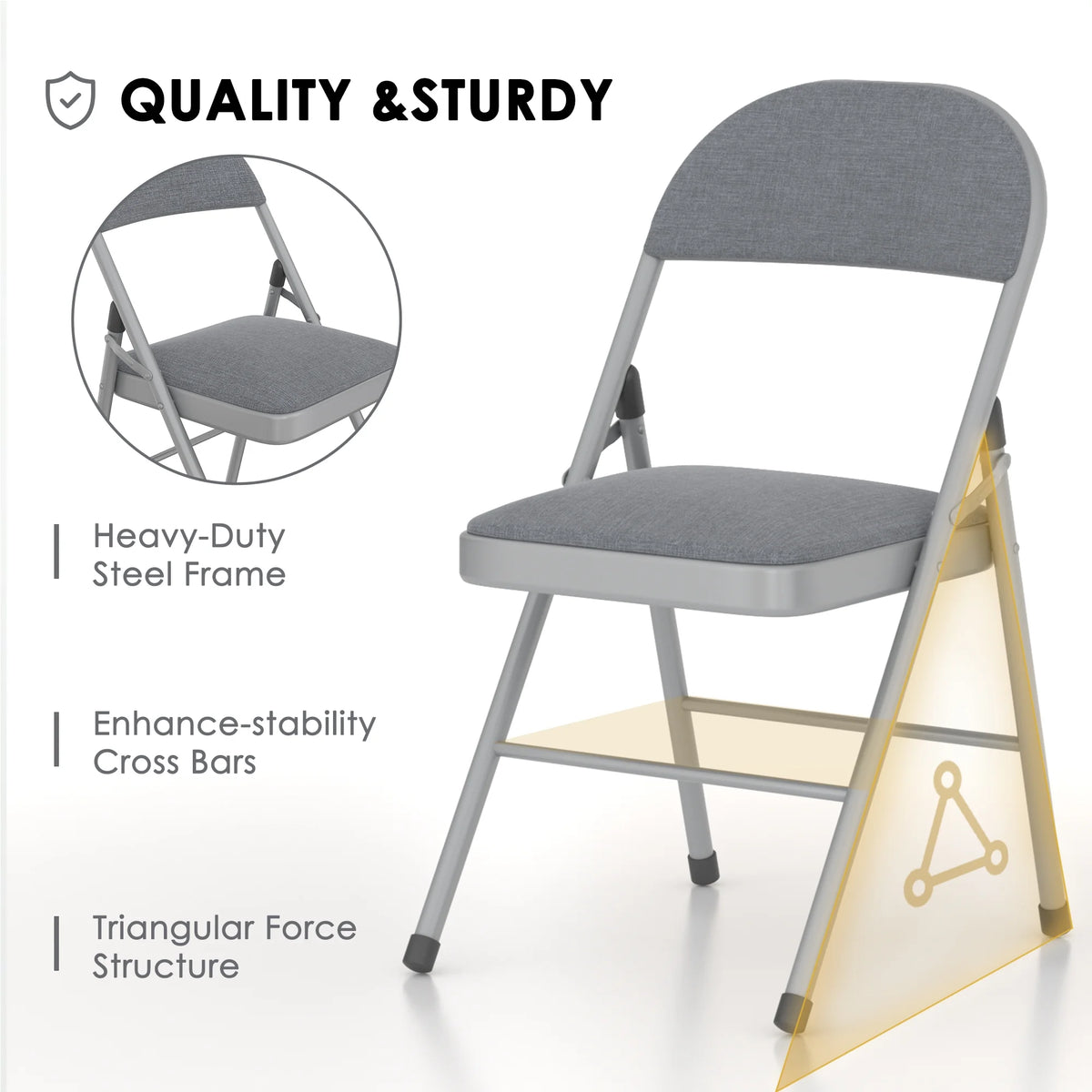 VECELO Set of 4 Folding Chairs, Fabric Dining Chair Set with Padded Cushion and Back, Indoor Outdoor Upholstered Seat with Metal Frame for Home Office Events Wedding Party, Orange