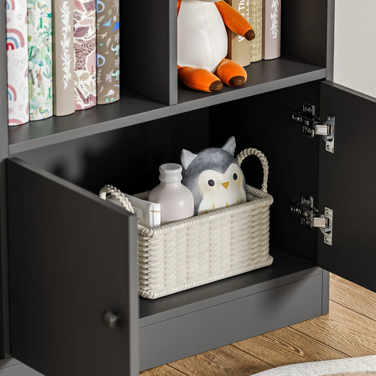 DIYART White Kids Bookshelf, Kids Bookcase with 7 Cubbies and 2 Cabinets, Freestanding Book Storage Shelves for Bedroom, Playroom, Hallway