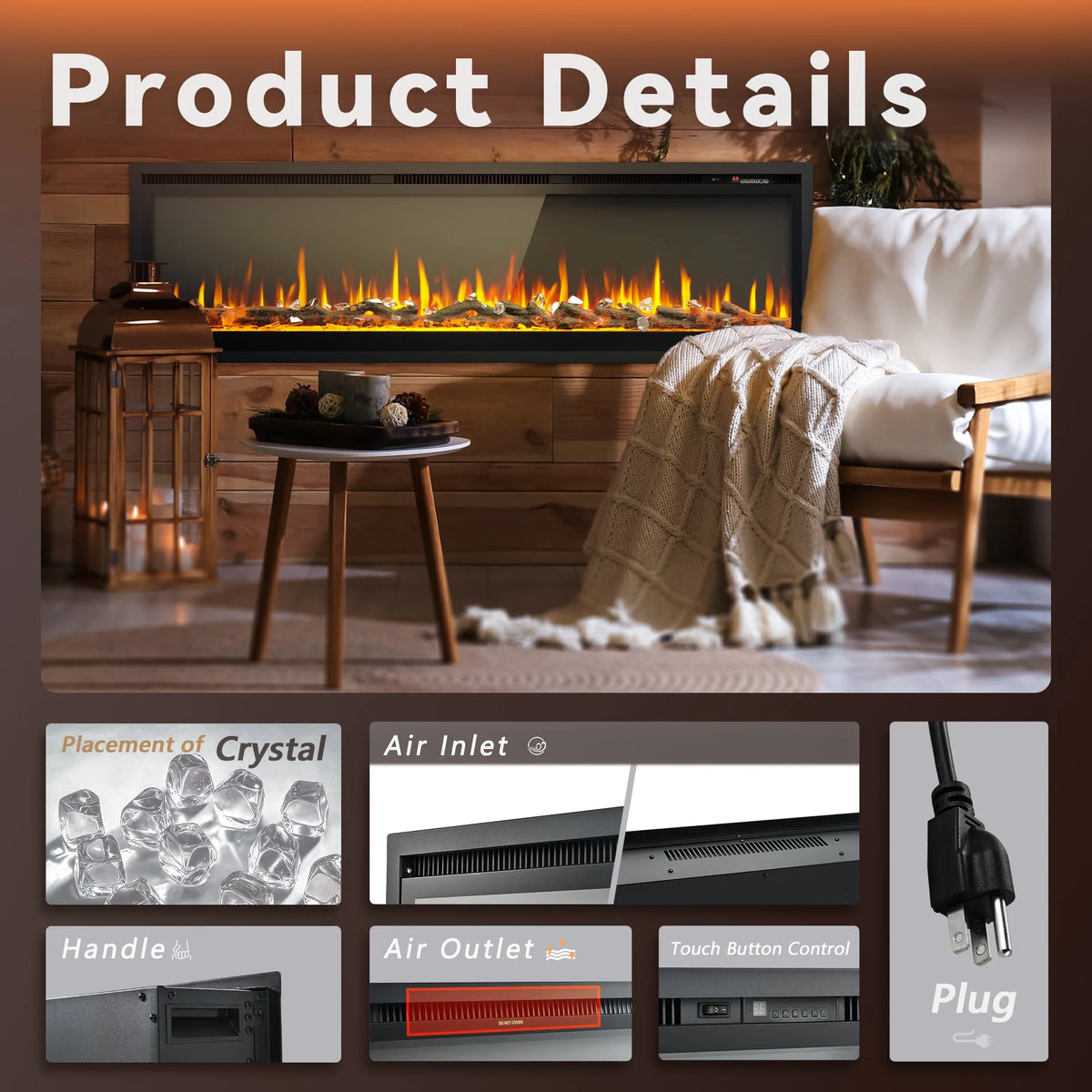 Simzlife 50 inch Indoor Electric Fireplace, Wall Mounted Recessed Freestanding Fireplace with Remote Control, Fireplace Heater with Adjustable Flame Color, Linear Fireplace with Timer
