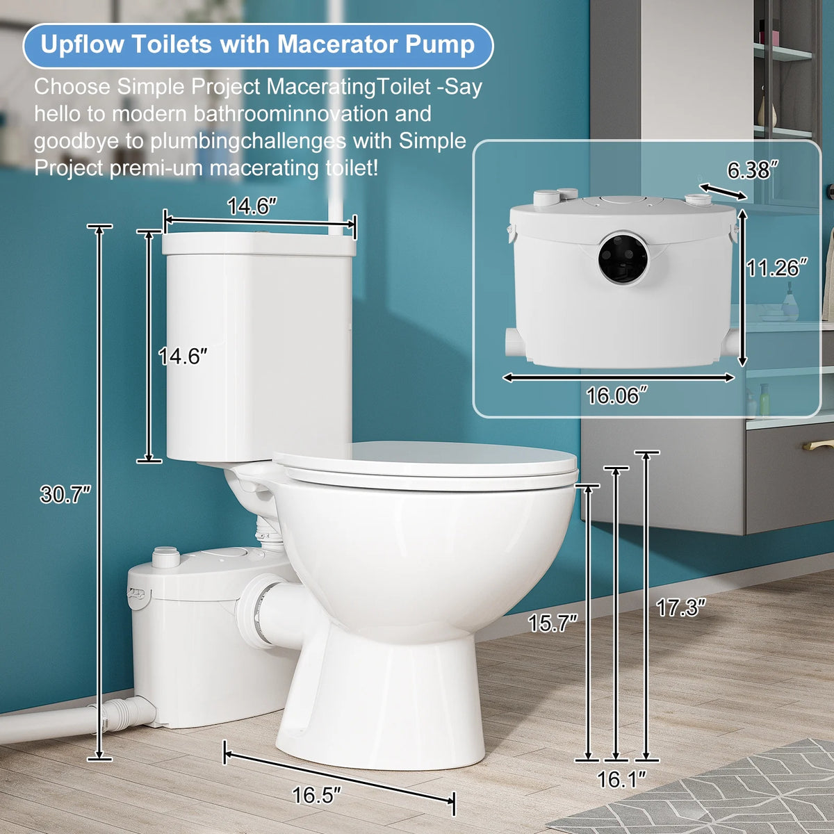 SUPERFLO 750W Macerating Toilet System - Dual Flush, Upflush Toilet for Basement with 4 Water Inlet & Attics, Incinerator Composting Toilets with Macerator Pump, Quiet Operation, Space Saving