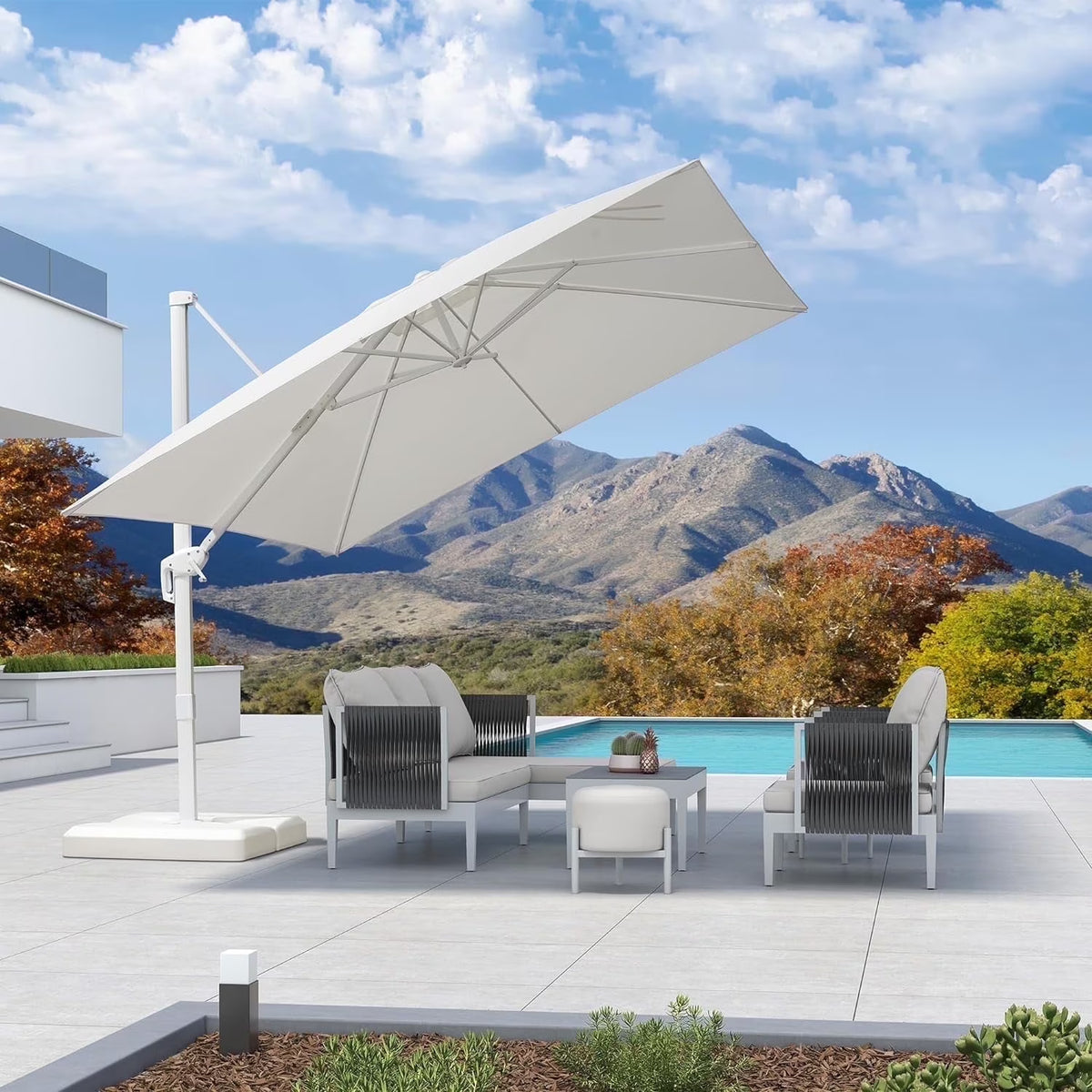 PURPLE LEAF 9 �� 11.5 FT Patio Umbrella White Cantilever Offset Umbrella Rectangle Outdoor Umbrella with 360�� Rotation for Garden Deck Pool, Beige